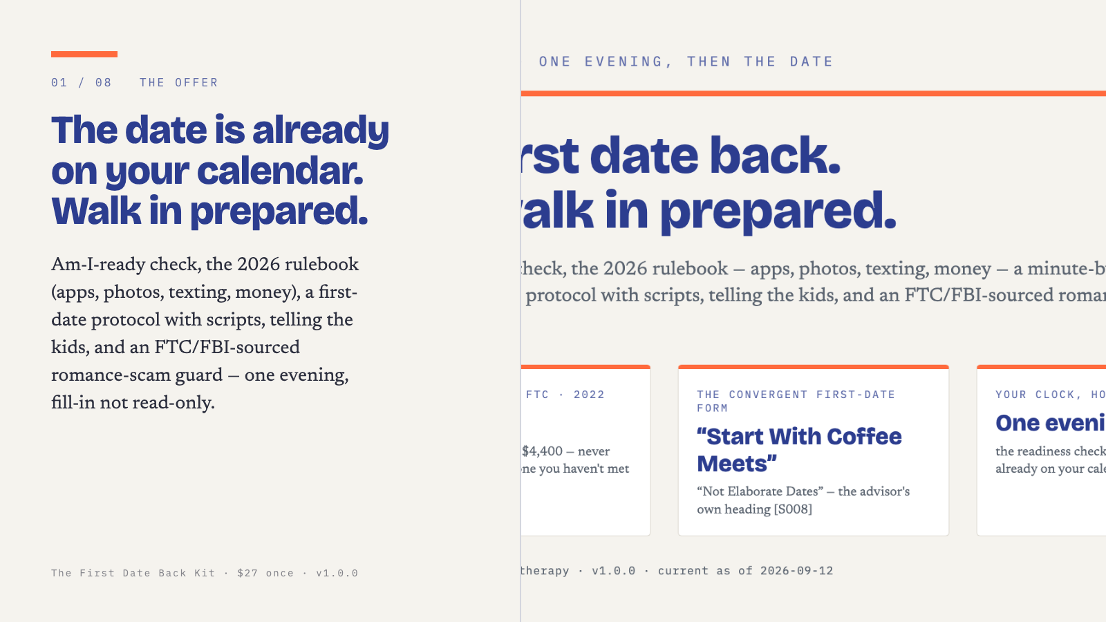 Gallery card for The First Date Back Kit: the offer claim beside a page of the kit
