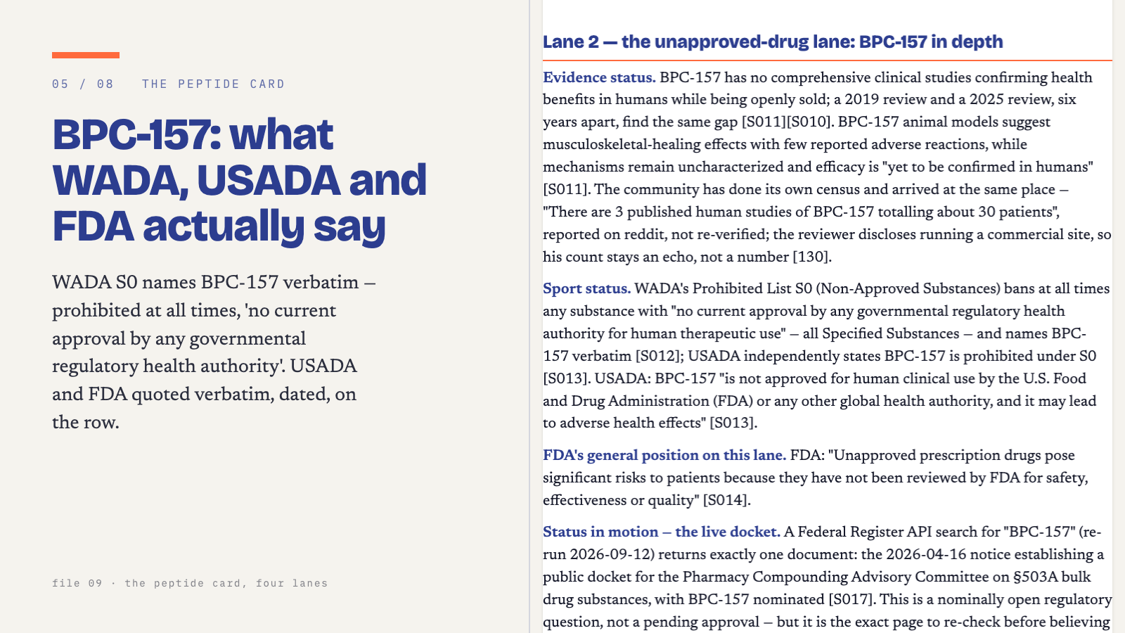 The peptide card from the map: the BPC-157 row quoting WADA, USADA and FDA verbatim